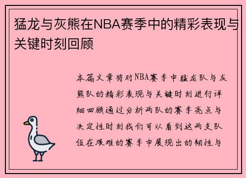 猛龙与灰熊在NBA赛季中的精彩表现与关键时刻回顾